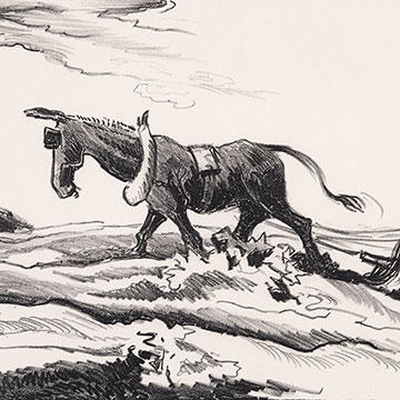 drawing of a man plowing a field with a donkey
